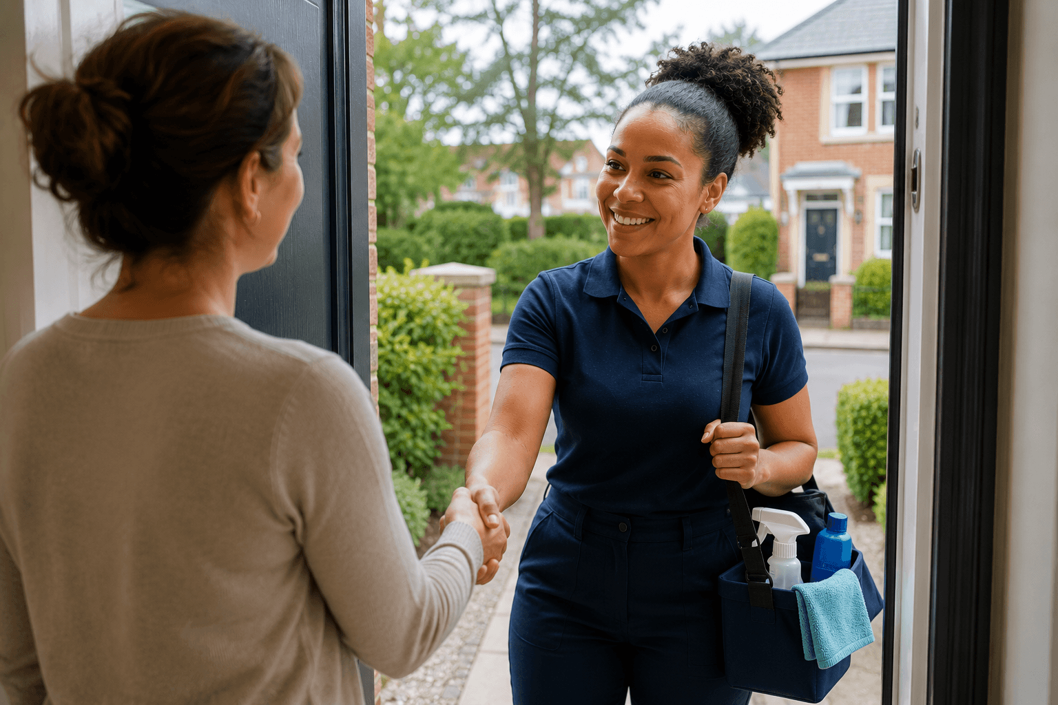 A Hygeia cleaner greeting a homeowner at the front door