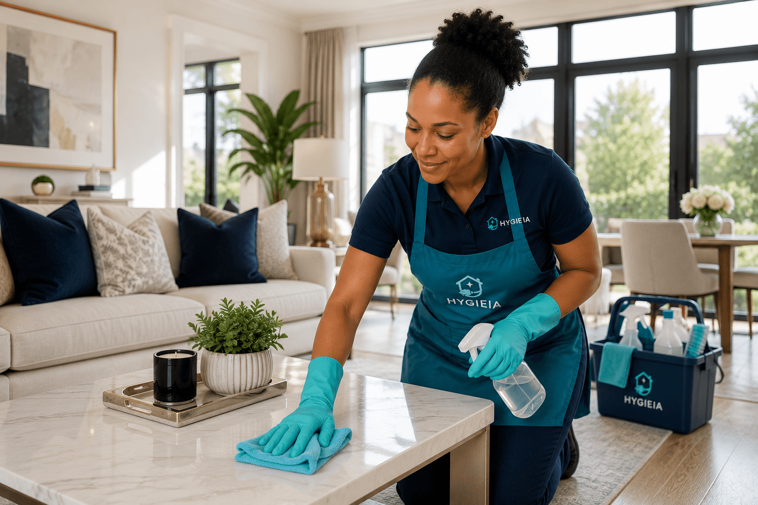 A Hygeia cleaner in branded uniform cleaning a luxury living room